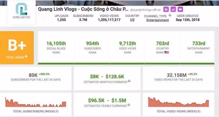 Quang Linh sở hữu kênh YouTube chính mang tên Quang Linh Vlogs - Cuộc Sống ở châu Phi hiện đang có hơn 3,8 triệu lượt đăng ký. Đồng thời, anh cũng có một kênh khác mang tên Nông Nghiệp Việt Nam ở châu Phi với con số người theo dõi cũng lên tới 1,2 triệu lượt.