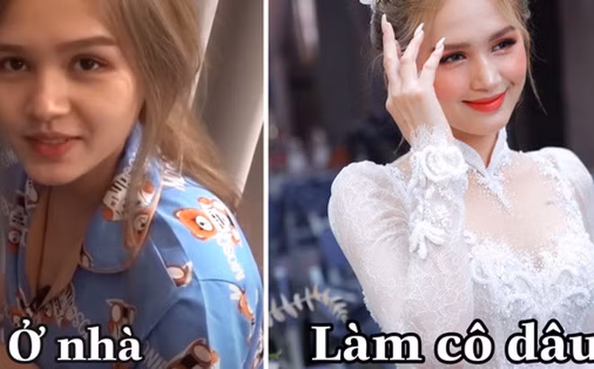 Lối trang điểm hiện đại, kết hợp với màu tóc sáng và áo dài trắng nền nã khiến hot girl Xoài Non trông vừa rất Tây mà cũng rất dịu dàng, xinh đẹp đúng chuẩn cô gái sắp lên xe hoa về nhà chồng.