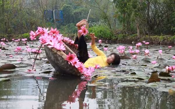 Hình ảnh người phụ nữ ngã nhào xuống nước khi ngồi thuyền ngắm hoa súng, tạo dáng chụp ảnh khiến nhiều người dở khóc dở cười.