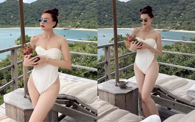 Ngay cả khi chỉ diện áo tắm một mảnh đơn giản, bạn gái Vũ Văn Thanh vẫn trông thời thượng và hút mắt nhờ cách phối phụ kiện hài hoà.