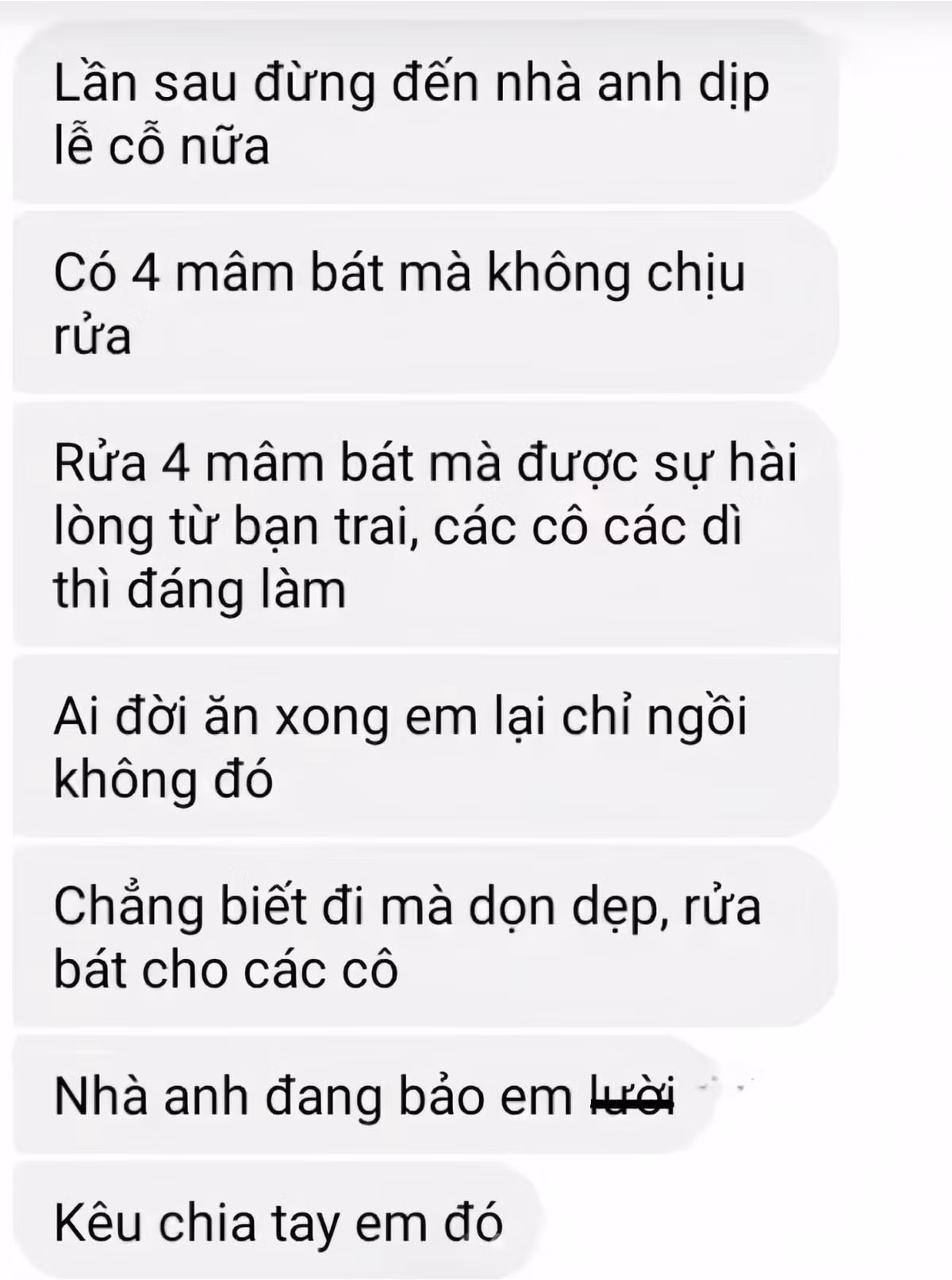 Cụ thể đoạn tin nhắn liên quan đến việc đến nhà bạn trai phải rửa bát không.