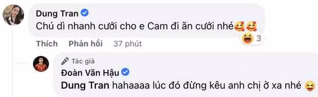Dưới bài đăng, nàng WAG Dung Trần - vợ tuyển thủ Phạm Xuân Mạnh - đã bình luận giục giã cặp đôi Văn Hậu và Hải My về chuyện chung thân đại sự. Dung Trần nói: "Chú dì nhanh cưới cho em Cam đi ăn cưới nhé". Cam là biệt danh mà Xuân Mạnh và Dung Trần đặt cho con gái đầu lòng.