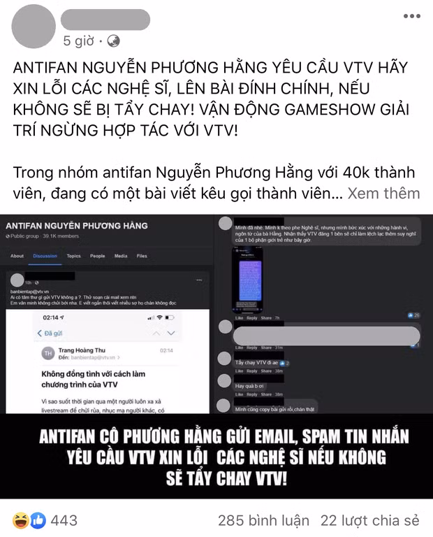 Không chỉ đòi VTV xin lỗi các nghệ sĩ, nhóm người trên còn doạ sẽ tẩy chay, đồng thời kêu gọi các đơn vị gameshow ngừng hợp tác.