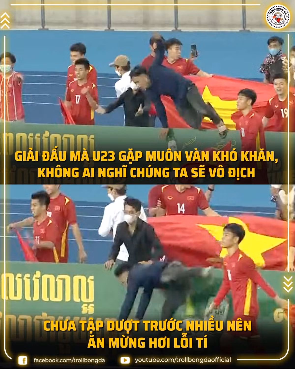Chưa được tập dượt trước giải nên vị CĐV này có màn ăn mừng hơi lỗi sau chiến thắng của U23 Việt Nam.
