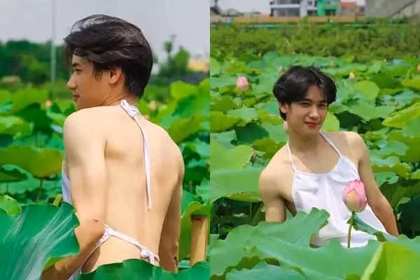 Trước đó, nhiều chàng trai cũng gây sốt khi mặc trang phục phụ nữ chụp ảnh bên đầm sen. Nhân vật trong bộ ảnh này là Nguyễn Tuấn Đạt.