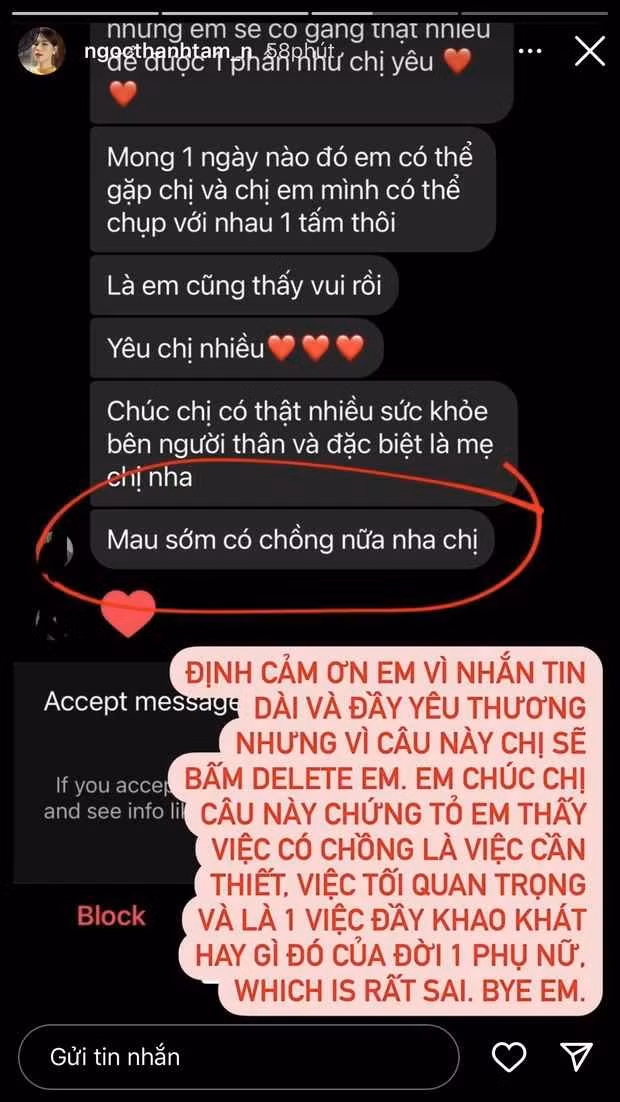 Mới đây, Ngọc Thanh Tâm đã chia sẻ tình huống bị giục lấy chồng mà mình gặp phải lên trang cá nhân đồng thời tiết lộ luôn cách xử lý.