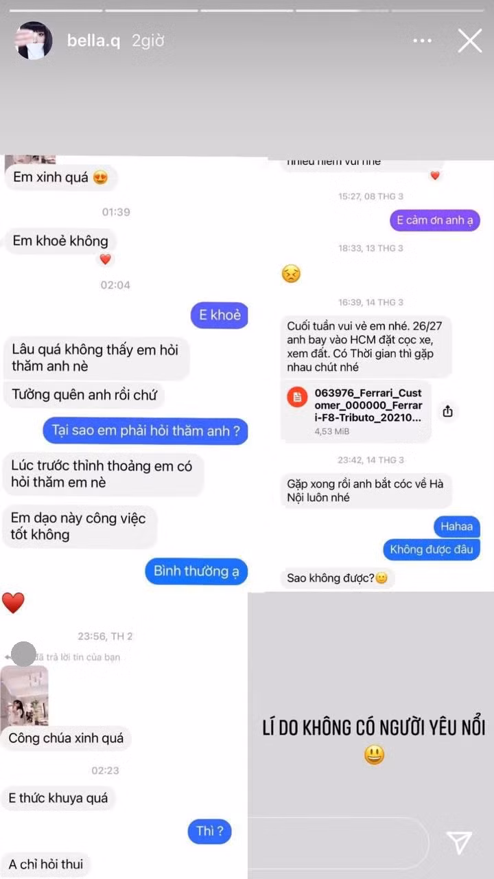 Mới đây, Bella đã đăng một story chia sẻ về tình trạng quan hệ của mình. Cụ thể cô nàng đã đăng lên 3 đoạn tin nhắn trò chuyện với anh trai nào đó.