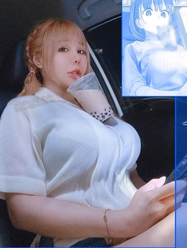 Janie dùng ngực đỡ trà sữa giống một cô nàng trong truyện tranh.