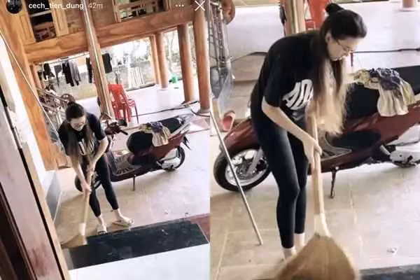 Nàng mẫu tây và mẹ nhanh chóng hòa nhập khi ăn Tết cùng gia đình Bùi Tiến Dũng. Dianka gây chú ý khi diện trang phục truyền thống của người Mường, tóc búi cao, thắt khăn theo đúng quy chuẩn.