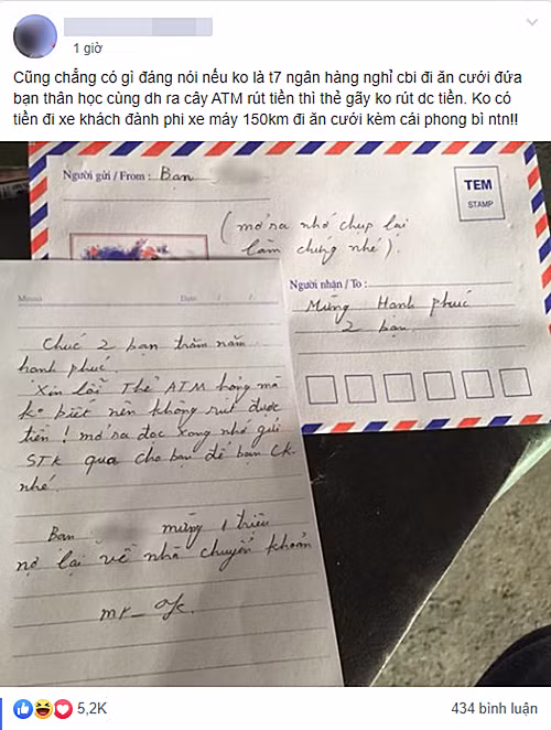 Sau khi tan làm, anh chàng ra cây ATM rút tiền để về ăn cưới thì thẻ bị gãy, cũng không có tiền mặt để đi xe khách nên Kiên đành phi xe máy 150km đi ăn cưới. Và cũng không còn tiền mừng cưới nên Kiên đã viết vấn đề của mình trong 1 tờ giấy rồi hẹn sẽ chuyển khoản mừng cưới 1 triệu đồng.
