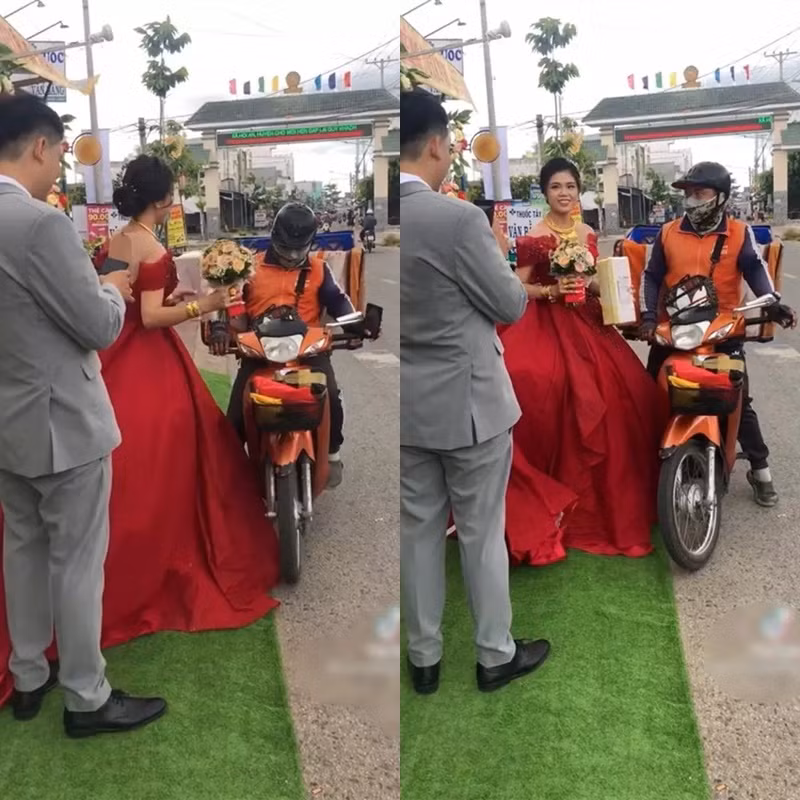 Không dừng lại ở đó, cô dâu còn trò chuyện với người giao hàng rất vui vẻ, còn nhờ luôn chồng chụp một bức ảnh cùng anh shipper để làm kỉ niệm.