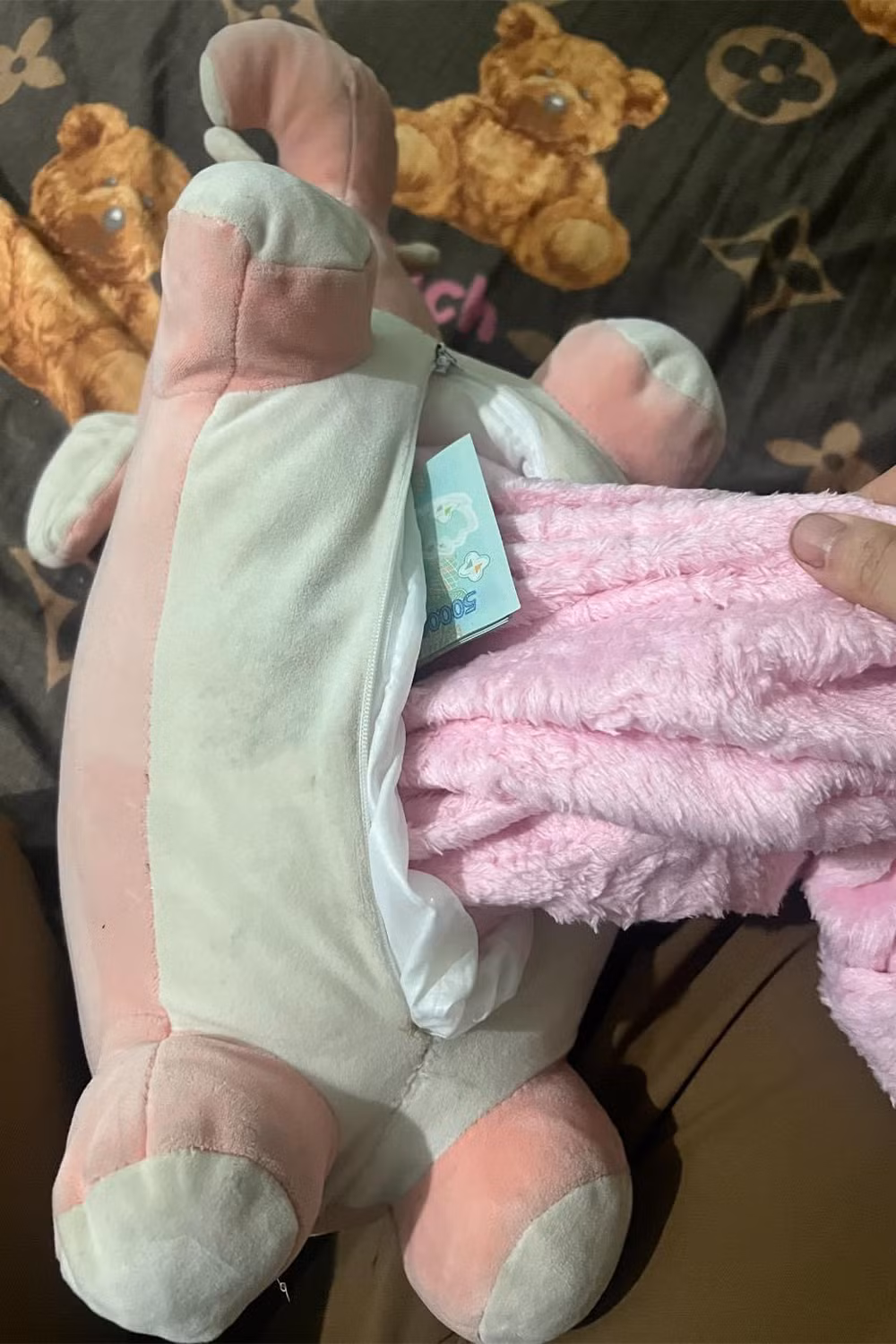 Đó là một chú voi màu hồng có khóa ở bụng. Nhìn hình ảnh được đăng tải có thể thấy chú voi này chính là một bộ chăn gối văn phòng. Chị vợ đã mở khóa dưới bụng chú voi ra xem bên trong như thế nào. Sau khi lôi được chiếc chăn ra ngoài thì những tờ tiền đã chính thức lộ diện khiến người vợ đi từ ngỡ ngàng đến ngơ ngác bật ngửa.