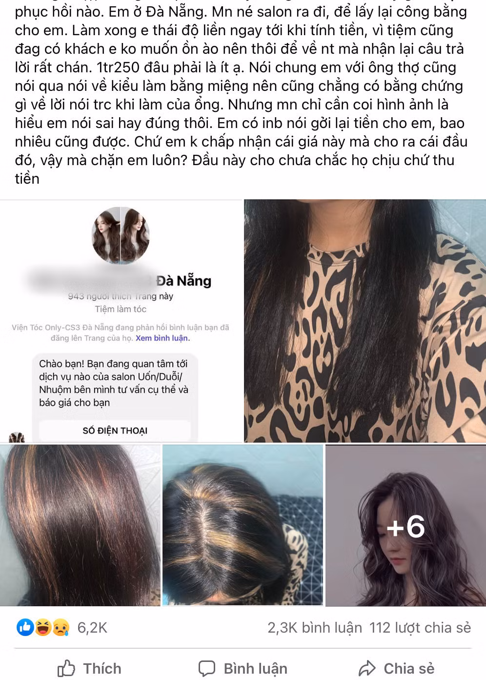 Trước đó, một cô gái ở Đà Nẵng cũng phải kêu trời vì đầu tư tới hơn 1 triệu đồng đi làm tóc highlight nhưng lại nhận về kiểu tóc khác ảnh gốc một trời một vực.