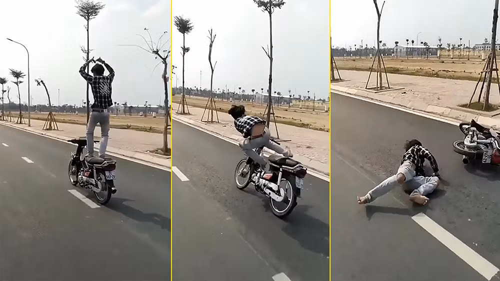 Việc các thanh niên "làm xiếc" trên xe máy khi tham gia giao thông không còn quá hiếm trên mạng xã hội. Đa phần những pha thể hiện này đều nhận cái kết đắng lòng và ngay sau khi xuất hiện đều vấp phải chỉ trích nặng nề từ các netizen.