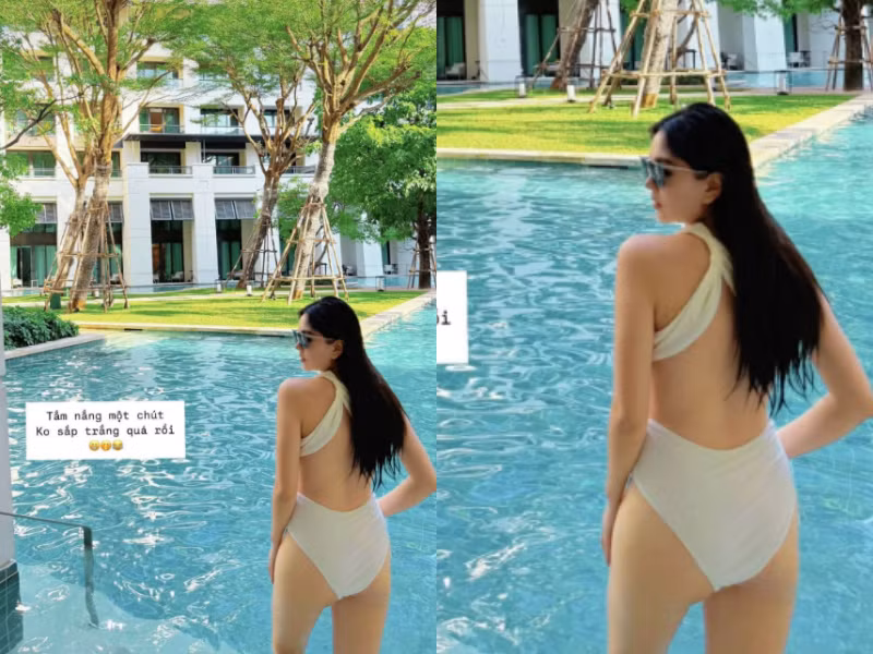 Mai Ngọc diện bộ đồ bơi không quá hở bạo nhưng đủ khoe được bờ vai mảnh, tấm lưng, vòng 3 và đôi chân nuột.