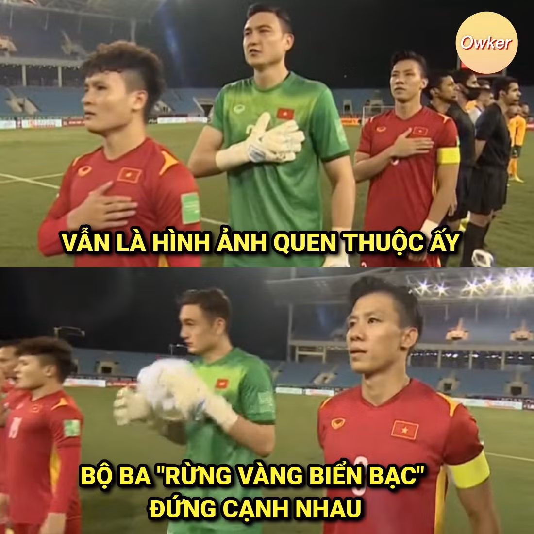 Lâu lắm rồi dân mạng mới lại được chứng kiến bộ 3 "rừng vàng biển bạc" (Ngọc Hải, Văn Lâm, Quang Hải) của đội tuyển Việt Nam đứng cạnh nhau