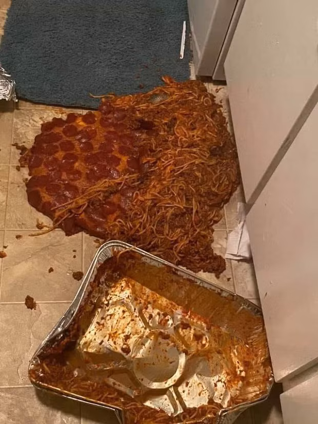 Vì không cẩn thận trong quá trình lấy bánh pizza và spaghetti ra khỏi lò, họ đã tạo ra cảnh tượng kinh hoàng thế này.