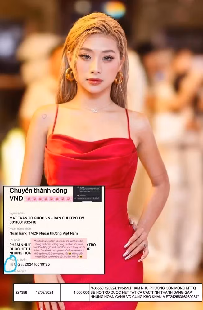 Louis Phạm (Phạm Như Phương, sinh năm 2003) là một cái tên được netizen liên tục “check VAR” trong năm 2024. Ở vụ “phông bạt” tiền ủng hộ từ thiện, cựu VĐV TDDC cố tình dùng dãy icon thật dài để che số tiền ủng hộ, khiến nhiều người cho rằng cô đã chuyển khoản hàng trăm triệu đồng. Tuy nhiên khi số tiền ủng hộ được sao kê, cư dân mạng tìm ra 3 hoá đơn chuyển tiền có thông tin khớp với nội dung và thời gian chuyển khoản mà cựu VĐV chia sẻ trước đó.