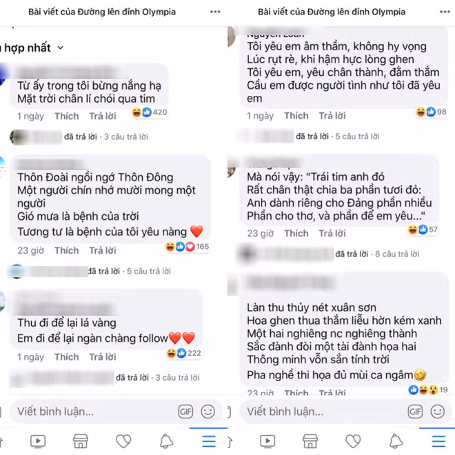 Trên fanpage game show Đường lên đỉnh Olympia, bức ảnh của nữ sinh này nhận được gần 10.000 lượt yêu thích, dân tình còn không quên "thả thính" bằng thơ cực ngọt dành cho cô gái xinh đẹp này.