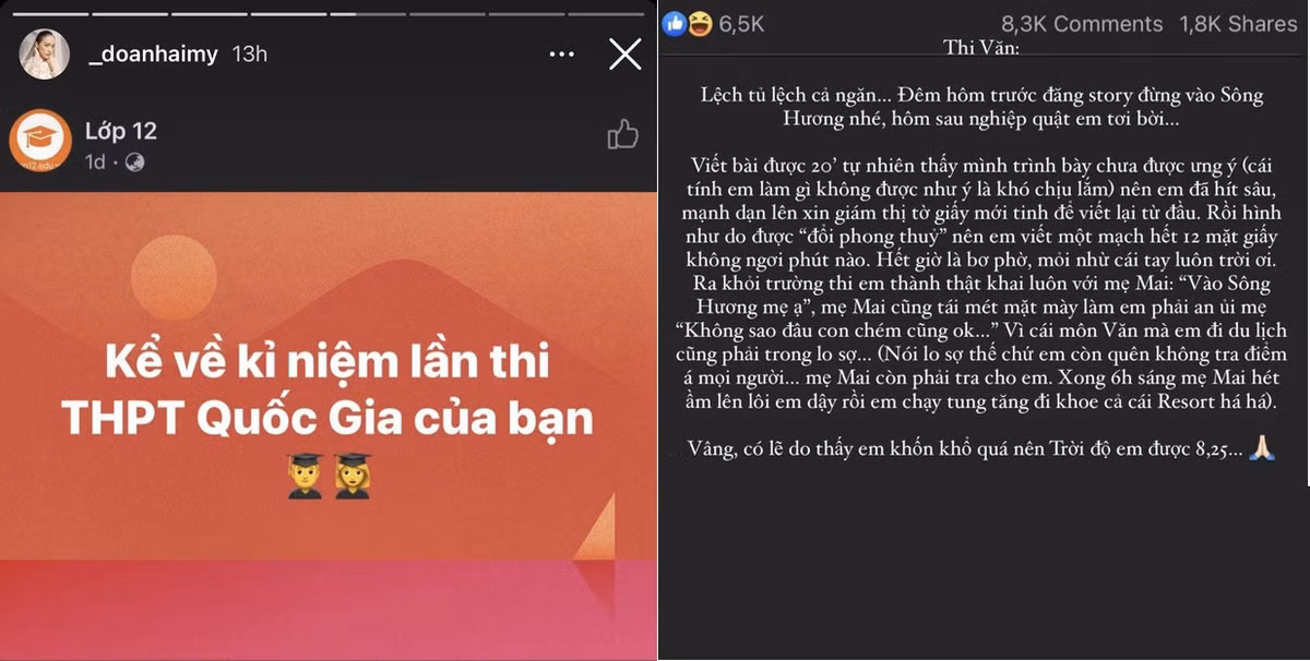 Không chỉ gửi lời chúc tới các sĩ tử dự thi, Doãn Hải My còn chia sẻ lại kỉ niệm thi cử và tiết lộ điểm số thi Đại học hồi bản thân bước vào kì thi tốt nghiệp THPT của mình.
