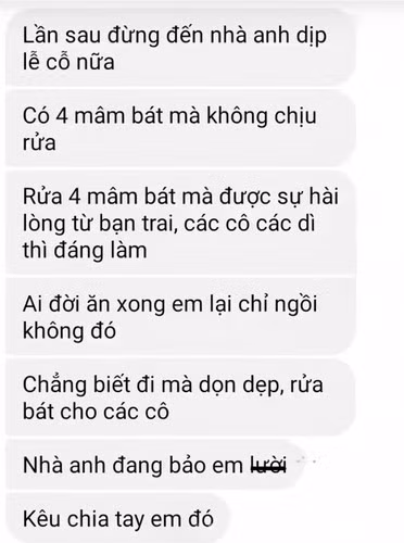 Anh bạn trai nhắn tin cho cô trách móc: "Sao em không ra rửa bát, dọn dẹp? Còn để anh nhắc nữa à?". Cô gái đáp lại: "Ủa, nhưng mà nay em ra mắt, cũng là anh mời em ăn cỗ mà".