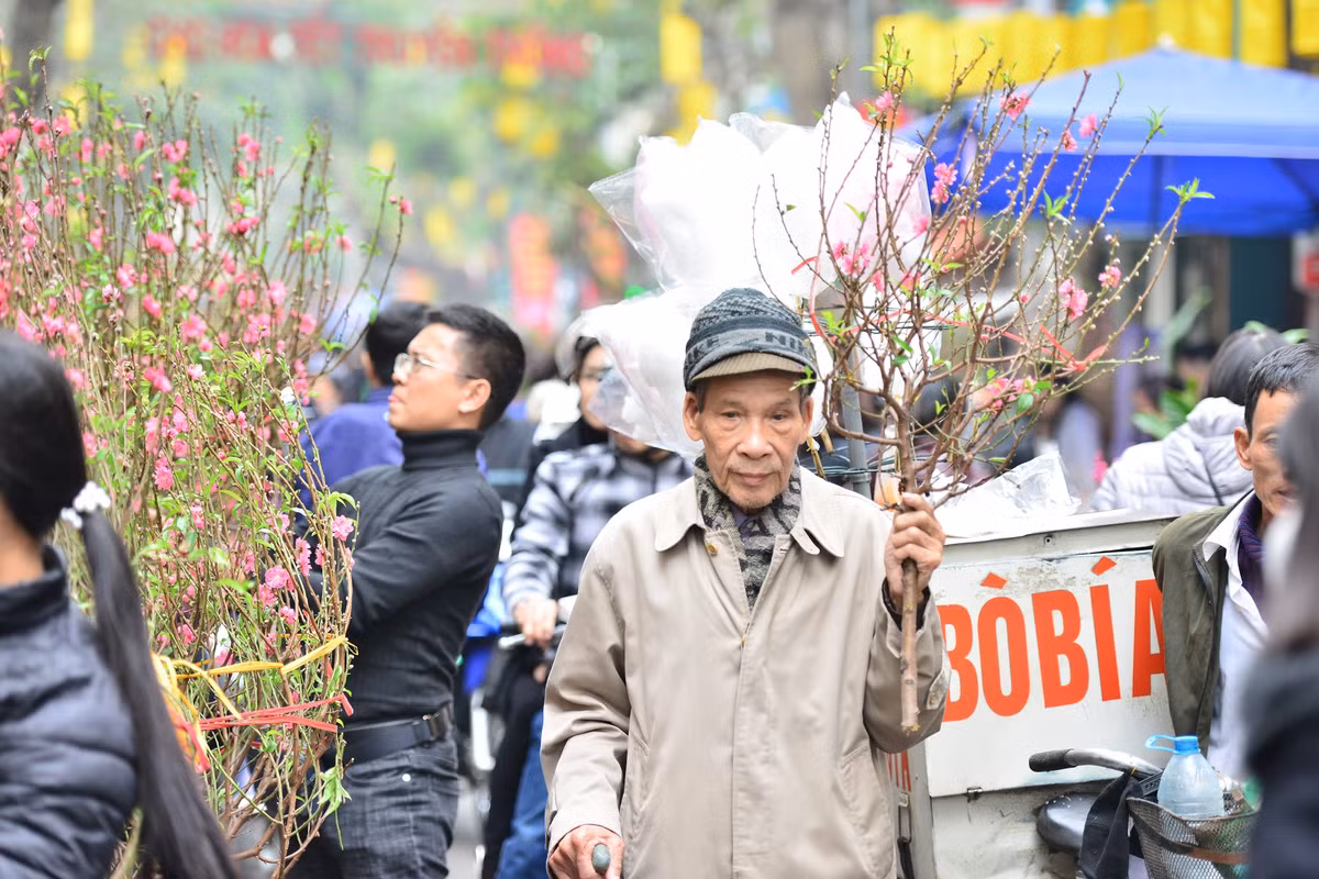 Người bán, kẻ mua tấp nập khiến chợ hoa Hàng Lược đoạn Hàng Chai, Hàng Rươi, Hàng Mã, Hàng Đồng, phố Bích Họa Phùng Hưng vui hơn ngày thường.