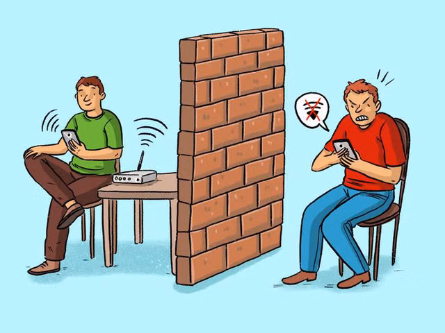 Tường gạch và đá. Một số chất liệu xây tường có thể ngăn tín hiệu Wi-Fi, điển hình như đá cẩm thạch, xi măng, bê tông, thạch cao và gạch. Điều này giải thích tại sao tín hiệu Internet thường yếu hơn ở những ngôi nhà nhiều tầng.