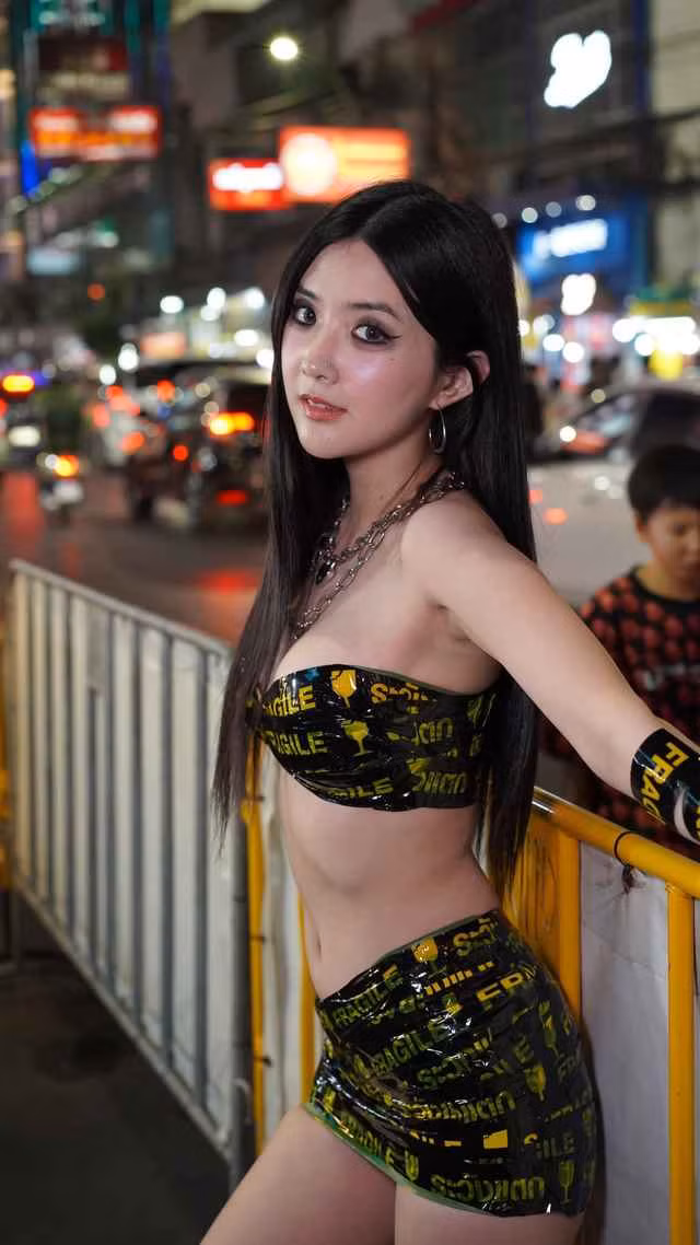 Không thể đứng ngoài cuộc đua thiết kế này, Bizcuitbeer xuất hiện trong bộ váy băng keo với phiên bản hở bạo.