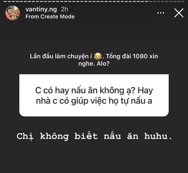 Vân Tiny kể lại đoạn hội thoại của mình với mẹ chồng: "Sáng nay mình nói với ba mẹ: 'Mẹ ơi con tính qua dịch con học nấu ăn'. Mẹ kiểu: 'Hả? Con nói cái gì? Thôi thôi. Con cứ tập trung buôn bán và lo cho Corbin giùm mẹ. Còn việc ăn uống con muốn ăn gì cứ nói các chị. Chồng mày nấu mấy chị dọn nửa ngày, còn mày vô nấu chắc dọn một ngày. Thôi bỏ đi con'. Con muốn làm người con dâu hoàn hảo".