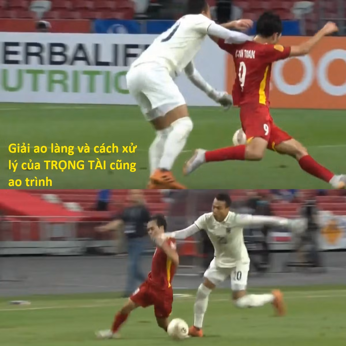 Pha phạm lỗi xứng đáng nhận thẻ đỏ của thủ môn Thái Lan với Văn Toàn nhưng vị trọng tài chính chỉ đưa ra 1 tấm thẻ vàng cảnh cáo.