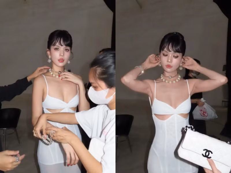 Điểm nhấn của bộ trang phục cần kể đến những phụ kiện ngọc trai cổ điển, mà Ngọc Trinh chọn lựa để tăng thêm sự sang trọng.