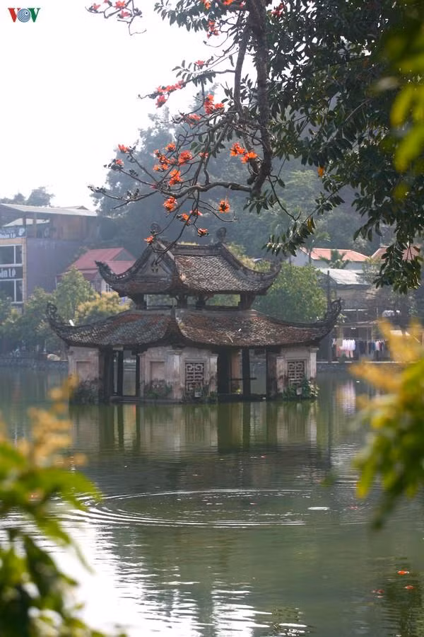 Hoa gạo làm duyên trước thủy đình trên hồ. Đây là một kiến trúc đặc sắc, hình ảnh tiêu biểu của Chùa Thầy. Thủy đình này được sử dụng để múa rối nước, hiện vẫn còn sử dụng trong những dịp lễ hội.