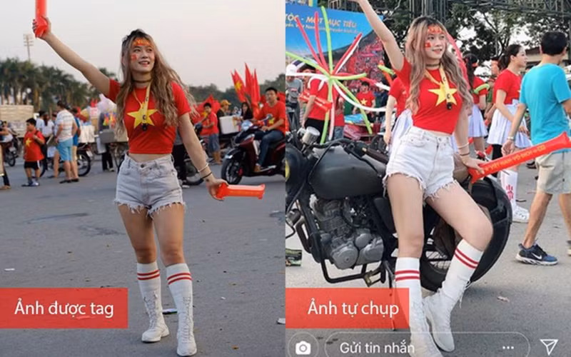 Hay như lần Lê Bống đi cổ vũ bóng đá tại SVĐ Mỹ Đình, một dân mạng đã phát hiện ra và chụp lén cô.