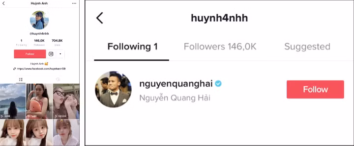 Bên cạnh đó, nhiều người còn phát hiện cầu thủ Quang Hải đã âm thầm bỏ theo dõi Huỳnh Anh trên TikTok. Trước đó, chàng tiền vệ từng là một trong số những thành viên của "hội follow mình em".