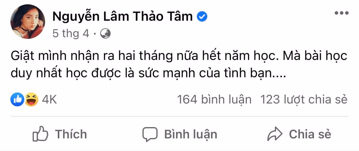 Nếu theo dõi trang cá nhân của Thảo Tâm, người hâm mộ sẽ thường xuyên đọc được những status hài hước chia sẻ về các vấn đề "chuẩn Gen Z" như học trực tuyến, quan hệ bạn bè...