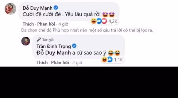 Trong khi đó, cầu thủ Duy Mạnh nhắn Đình Trọng: "Cưới đê, cưới đê. Yêu lâu quá rồi". Nhiều người cũng ủng hộ ý kiến của ba bé Ú.