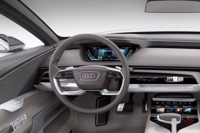 Nội thất của Audi A9 Prologue với bảng táp-lô thiết kế hoàn toàn mới, vô-lăng khá giống với mẫu xe Q7, một màn hình màu 3D, các nút bấm được loại nhằm mang đến sự tối giản cho xe.