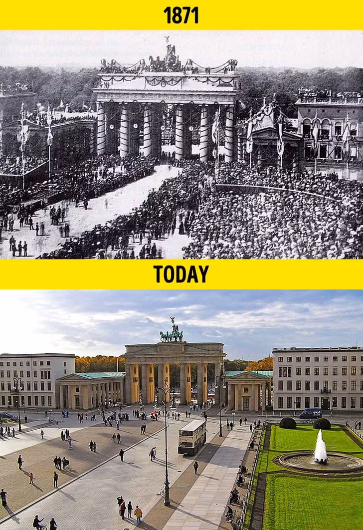 Bức ảnh ghép này chụp Cổng Brandenburg ở thủ đô Berlin, Đức, năm 1871 và hiện tại.