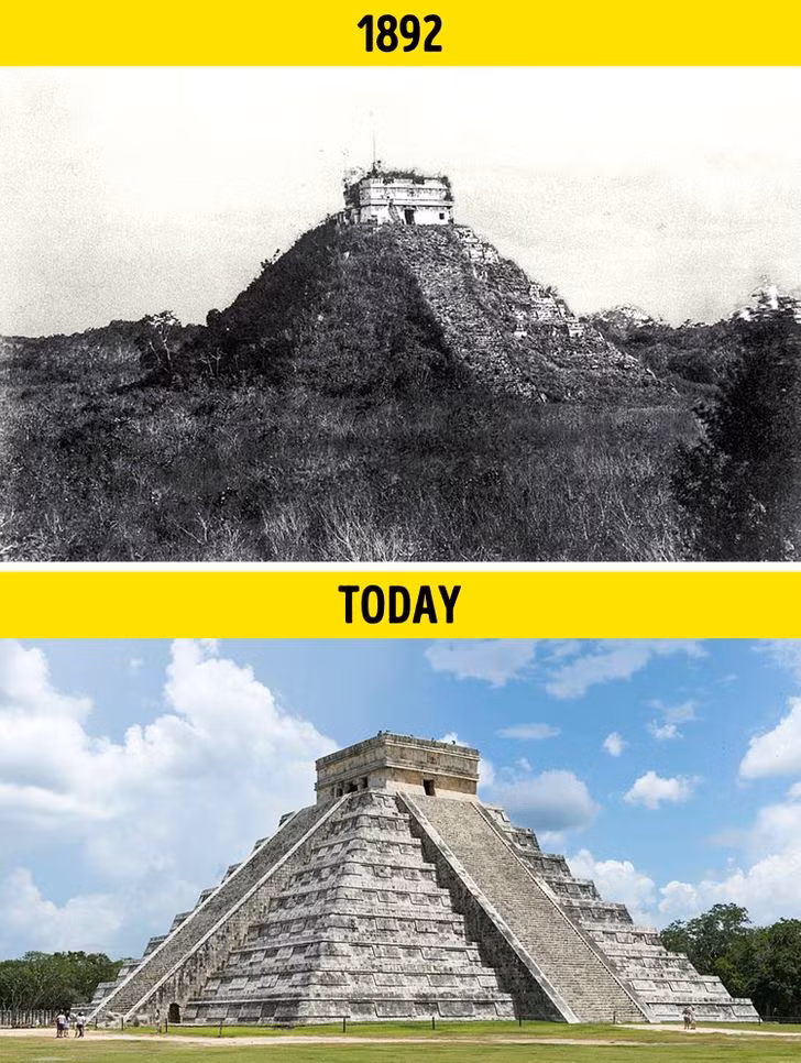 Khu đền Kukulkán ở Chichén Itzá, Mexico, năm 1892 (ảnh trên) thay đổi khá nhiều trong hơn 100 năm qua.