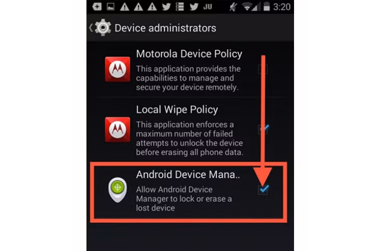 Chắc chắn là box “Quản lý thiết bị Android” được kiểm tra.
