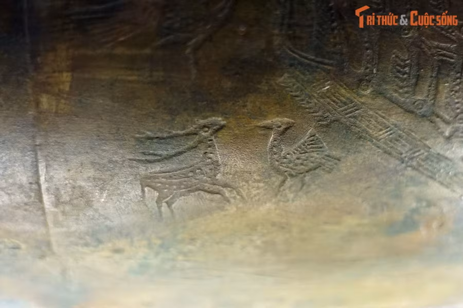 Hình chim đứng đối diện với hình hươu sao ở trống đồng Sao Vàng.