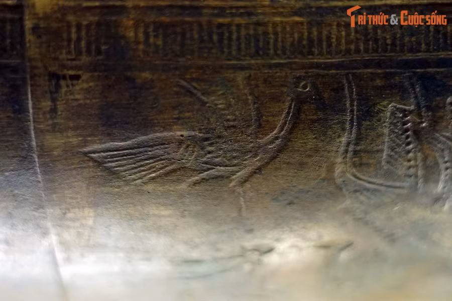 Hình một loài chim có cổ dài, mỏ dài, chân dài, đuôi dài trong tư thế bay nhảy ở phần tang của trống đồng Sao Vàng.