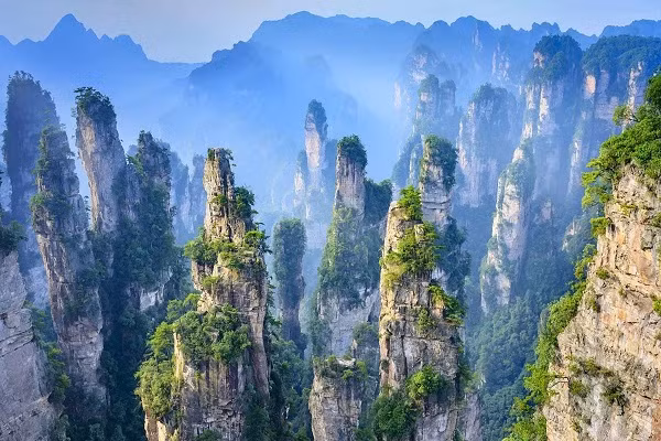 Ở Hồ Nam, Trung Quốc, những núi đá vôi chọc trời, được bao phủ bởi cây xanh và sương mù quanh năm khiến du khách cảm thấy như đang được đứng ở chốn bồng lai tiên cảnh. Tại đây, bạn có thể đi cáp treo đến tận làng Hoàng Thạch và ngắm nhìn khung cảnh ngoạn mục của Tianzi.