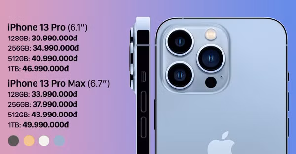 iPhone 13 có giá từ 799 USD (khoảng 18,18 triệu đồng), iPhone 13 Pro có giá từ 999 USD (khoảng 22,7 triệu đồng) và iPhone 13 Pro Max có giá từ 1099 USD (khoảng 25,7 triệu đồng).