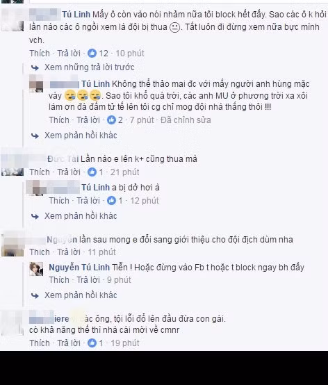 Nhiều bạn trẻ còn nói "phũ" rằng, với sự đen đủi của mình, Tú Linh tốt nhất không nên bình luận cho MU nữa mà hãy bình luận cho đội bạn, những kình địch, đối thủ lớn của "Quỷ đỏ" thì hơn. Tất cả những lời lẽ này khiến bản thân cô hot girl Hà thành cảm thấy rất buồn bực và bức xúc. Tú Linh khẳng định ngay rằng việc đổ lỗi cho cô là nguyên nhân khiến MU thua trận là hoàn toàn vô lý, không có cơ sở nào để kết luận tác động, ảnh hưởng của người làm nhiệm vụ bình luận như cô tới phong độ của các cầu thủ và kết quả của trận đấu.
