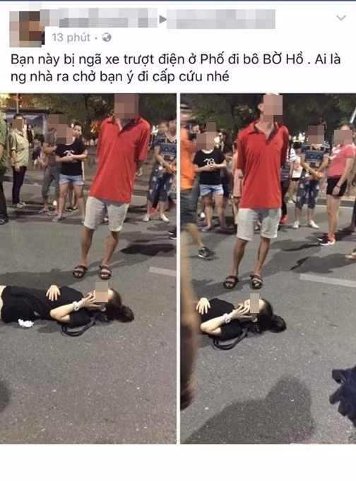 Tối 23/10, nhiều dân mạng Việt quan tâm tới sự việc một cô gái bị ngã ở phố đi bộ - đoạn qua Đinh Tiên Hoàng ven hồ Hoàn Kiếm, Hà Nội. Sự việc được cập nhật trên một số fanpage nổi tiếng, đáng chú ý nhất là tấm ảnh cô gái trẻ mặc trang phục màu đen nằm giữa lòng đường và đang gọi điện thoại. Do được mô tả là đi xe điện thăng bằng và bị trượt ngã dẫn đến chấn thương nhưng trong ảnh lại tỏ ra khá tỉnh táo nên cô gái trẻ này đã bất ngờ trở thành nhân vật bị nhiều dân mạng săm soi, thậm chí còn có người chê bai, chỉ trích cô không ngừng.