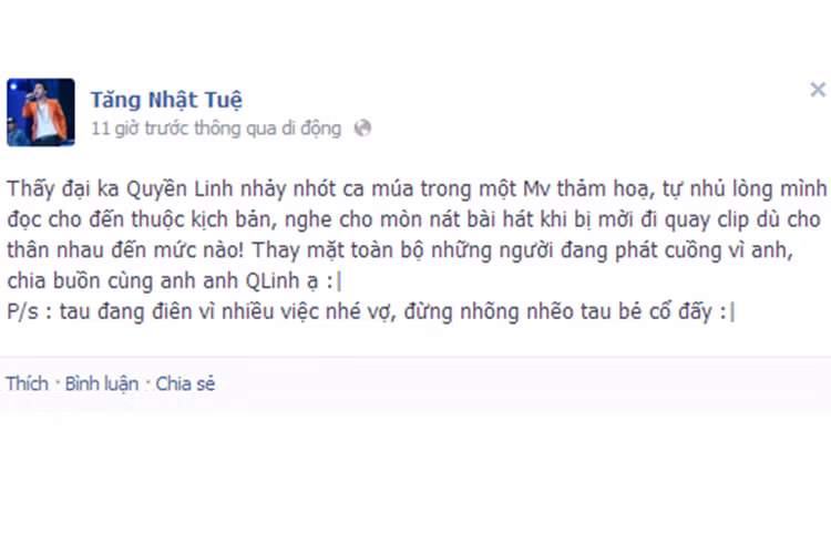 Tăng Nhật Tuệ còn vạ miệng khi chê MC Quyền Linh đóng trong MV thảm họa vào năm 2013. Ảnh: Pose