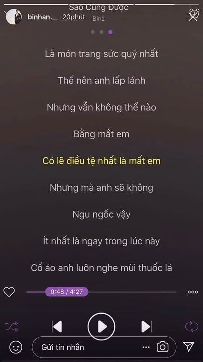Một thời gian sau, dòng trạng thái đầy tâm trạng được Bình An chia sẻ trên trang Instargram, trong đó có câu "có lẽ điều tệ nhất là mất em" làm dấy lên tin đồn về việc anh và Phương Nga đã "đường ai nấy đi".