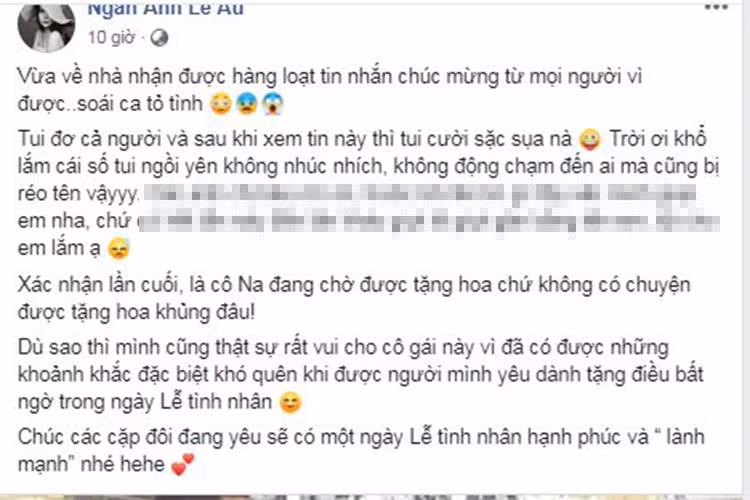 Ngân Anh lên tiếng phủ nhận là cô gái trong clip gây xôn xao mạng xã hội. "Xác nhận lần cuối là tôi đang chờ được tặng hoa chứ không có chuyện được tặng hoa khủng đâu", Ngân Anh chia sẻ. Ảnh: FBNV