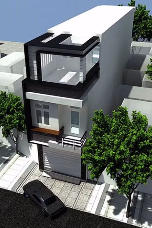 Nhà ống mái bằng thể hiện sự kết hợp màu sắc độc đáo nhờ khung gỗ lớn đua ra ngoài cửa sổ. Ảnh: Kientrucsuvietnam.